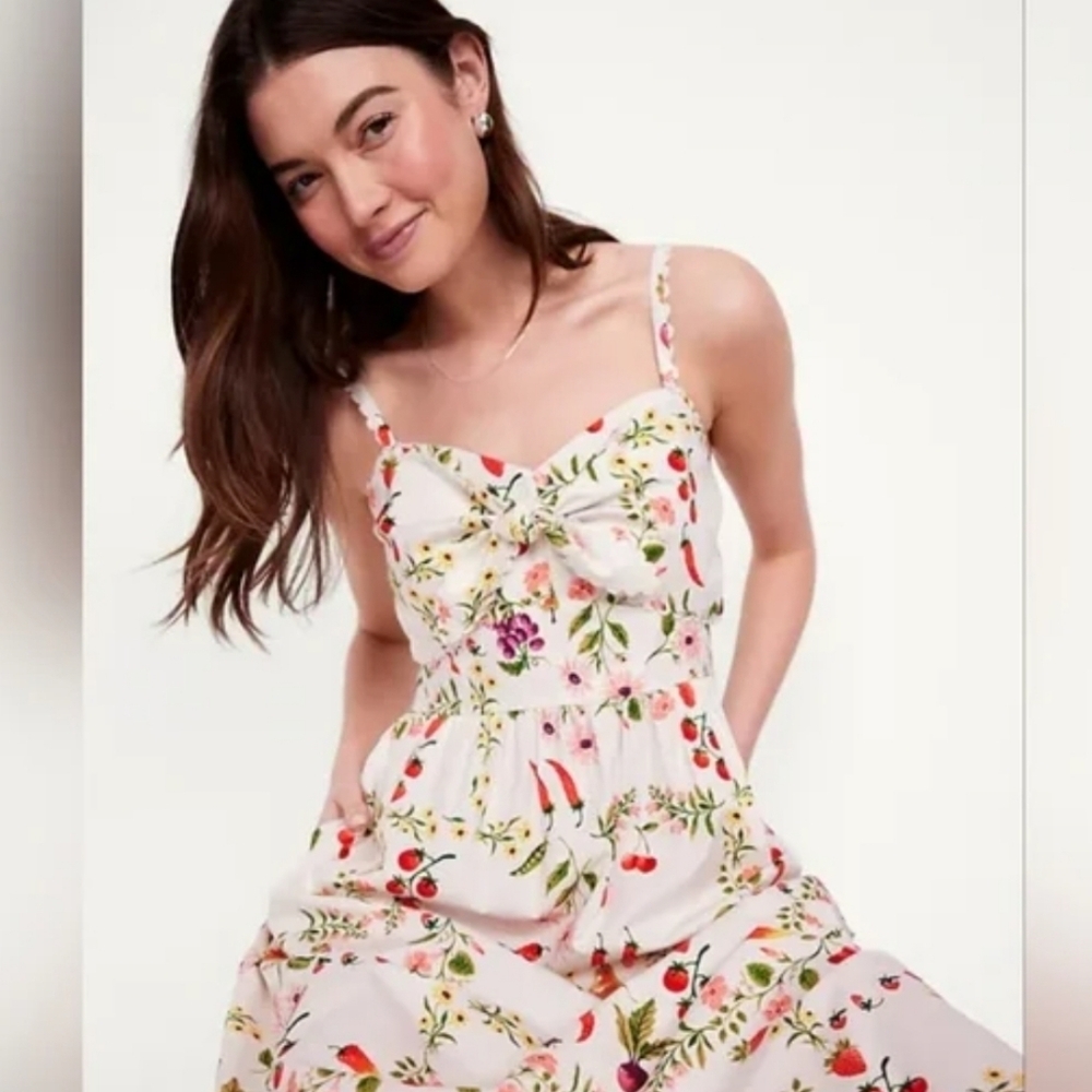 Old Navy Floral Fruit Fit & Flare Tie-Front Cotton Midi Dress Size Large